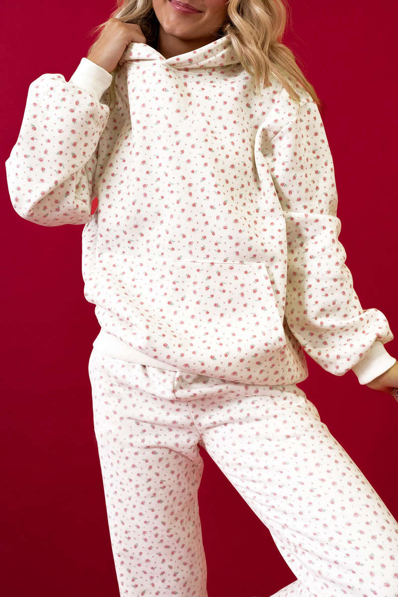 Pink Floral Print Kangaroo Pocket Hoodie Sheath Sweatpants Set