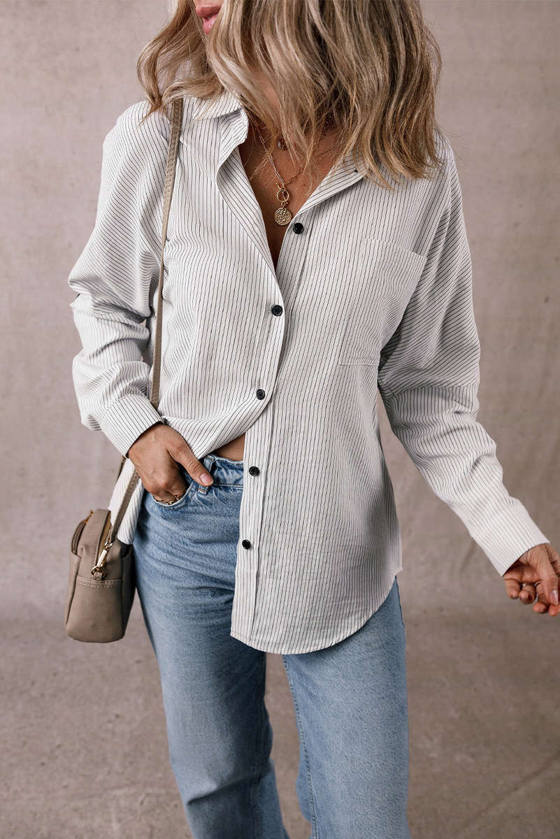 DEAR-LOVER Stripe Roll-tab Sleeve Pocketed Long Shirt