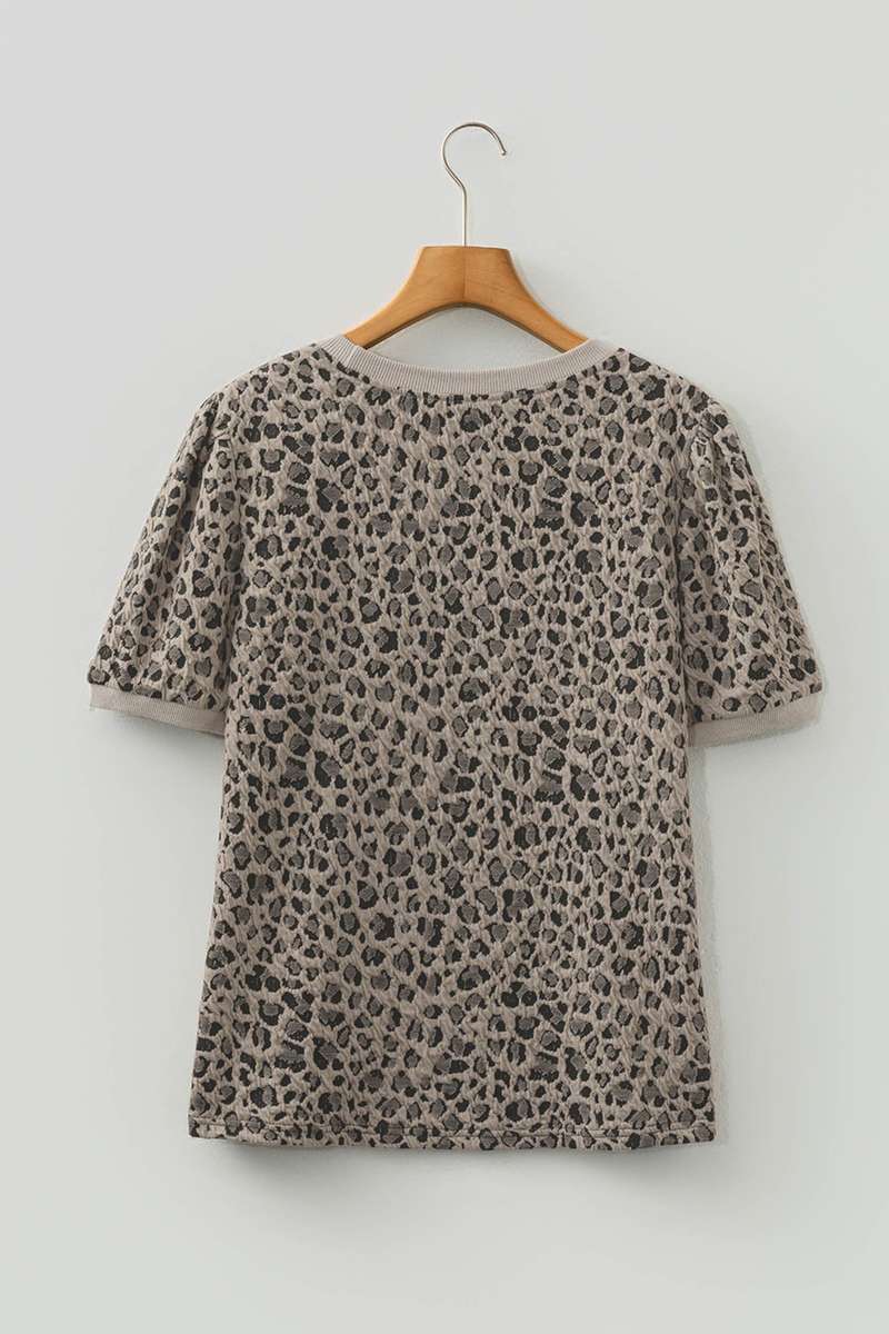Khaki Textured Leopard Print Crew Neck Short Sleeve Top