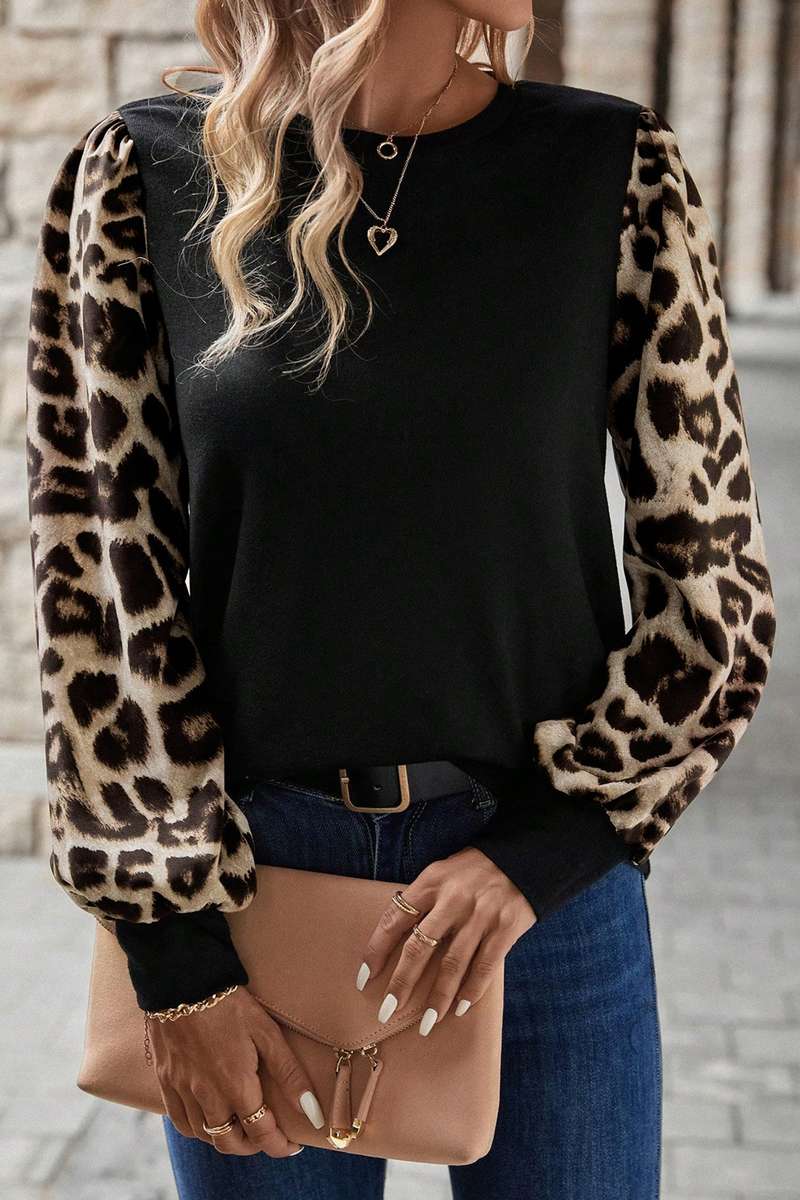 Khaki Leopard Puff Sleeve Patchwork Top