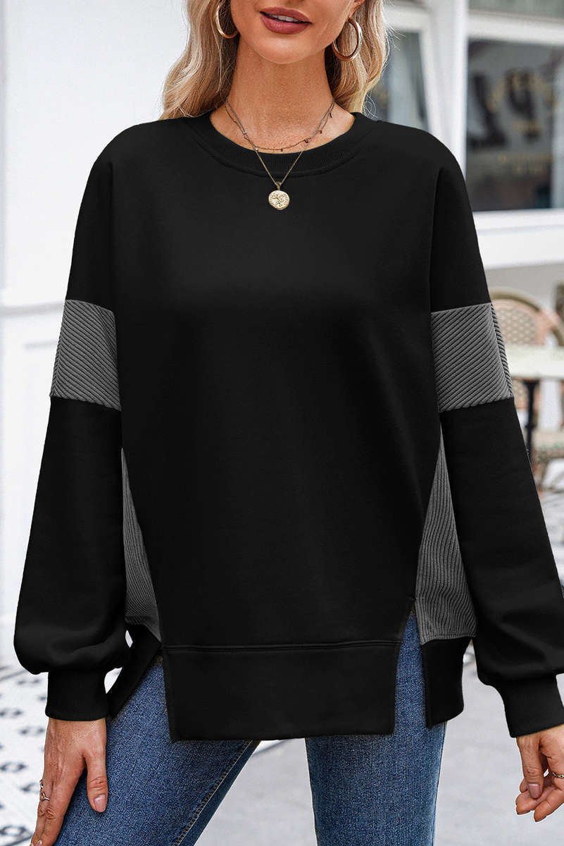 Black Corduroy Patched Side Slit Sweatshirt