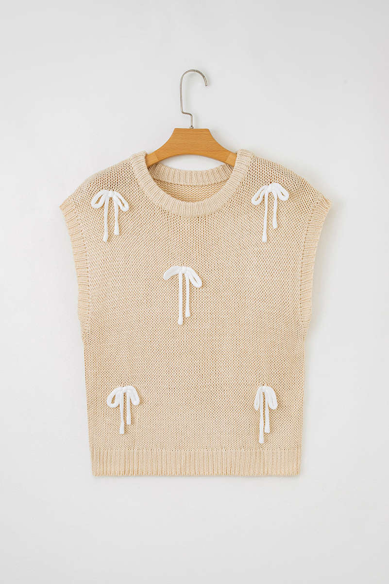 Parchment Bowknot Applique Cap Sleeve Sweater