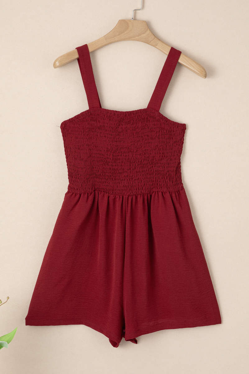 Burgundy Casual Pocketed Smocked Sleeveless Romper