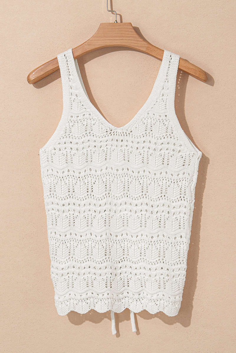 Beige Trendy Hollowed Knit V Neck Drawstring Sweater Vest