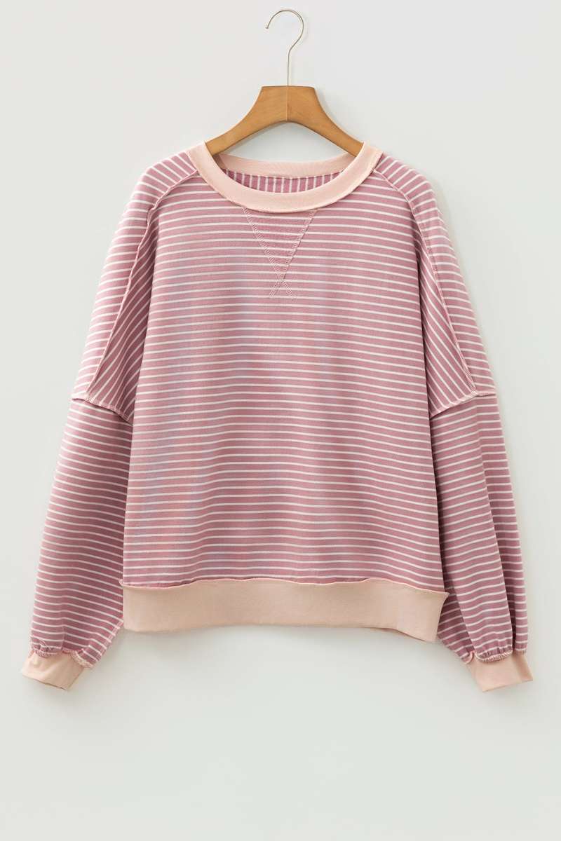 Pink Stripe Exposed Stitching Patchwork Casual Long Sleeve Top