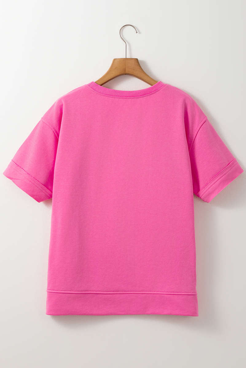 Sachet Pink Contrast Flower Drop Shoulder Loose T Shirt