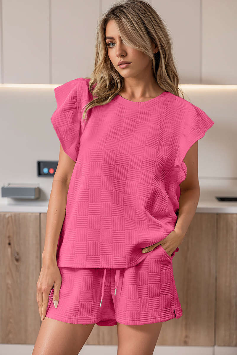 Bonbon Textured Ruffled Sleeve Tee and Drawstring Elastic Waistband Shorts Set