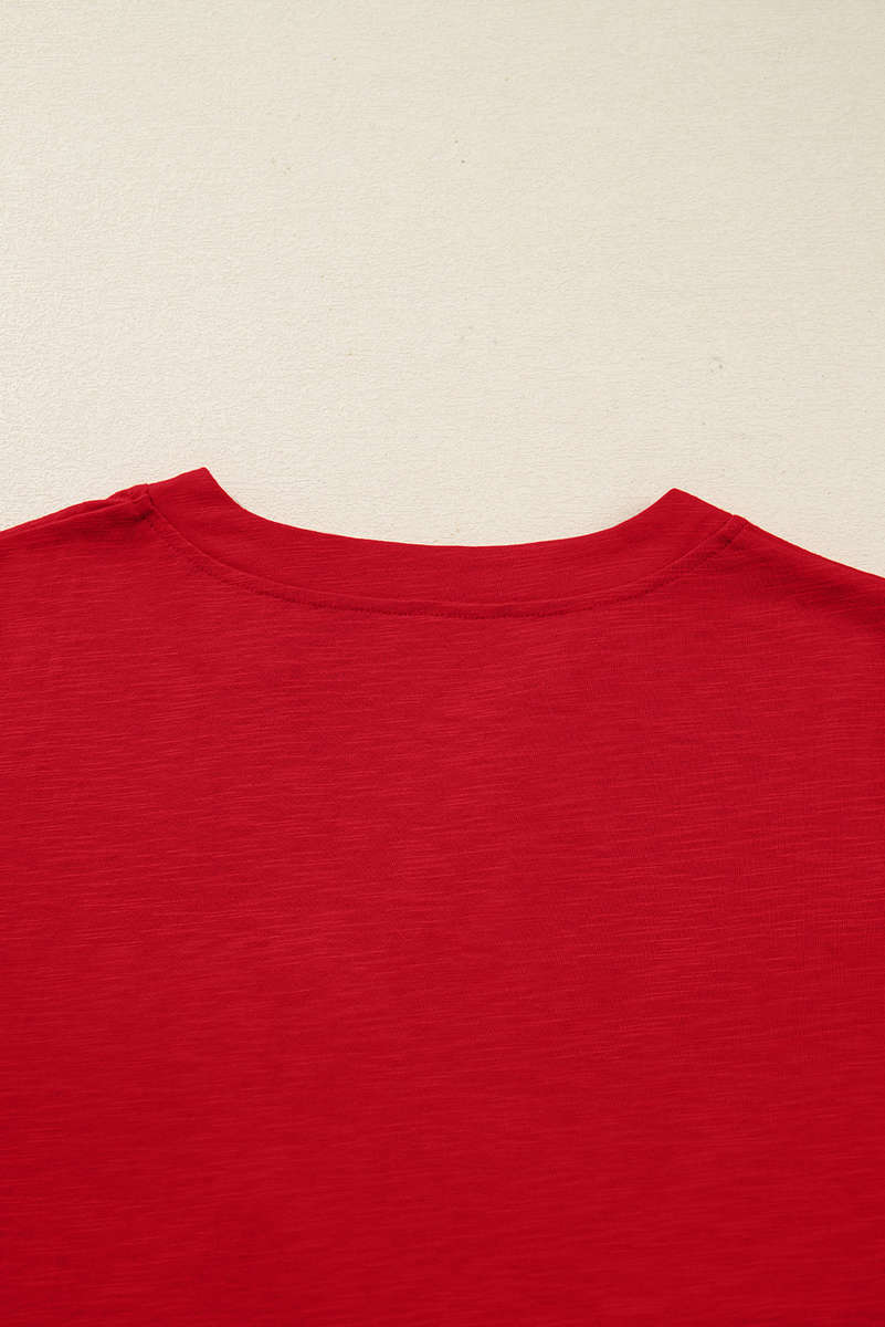 Racing Red Solid Color Button V Neck Long Sleeve Top