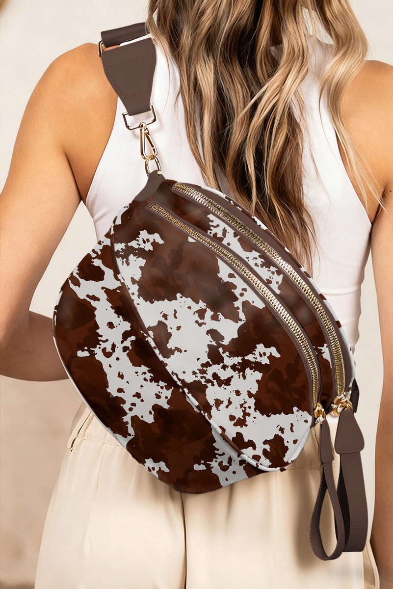 Coffee Cow Spots Printed Double Zip Crossbody Bag