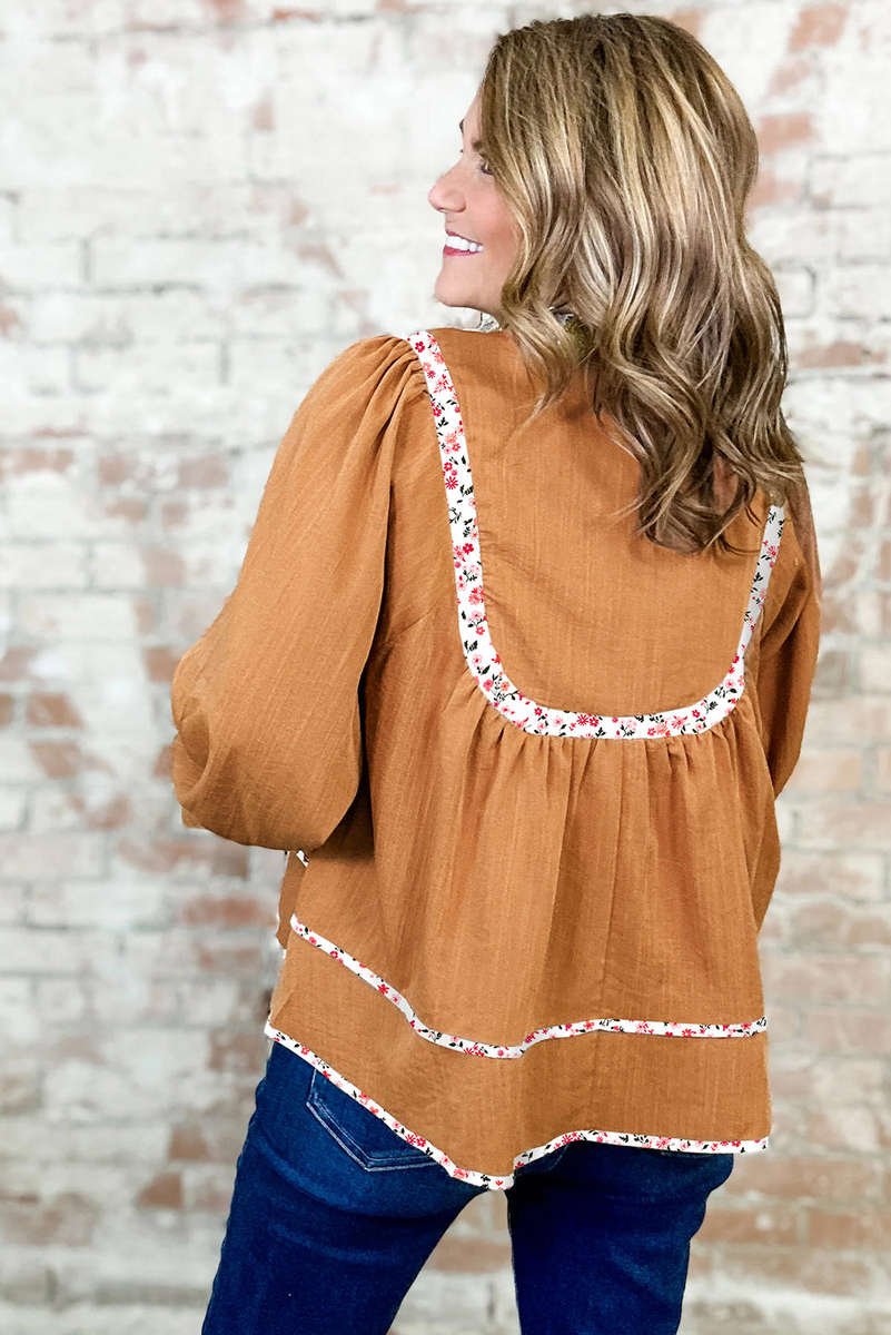 Straw Yellow Split Neck Pleated Floral Trim Long Puff Sleeve Blouse