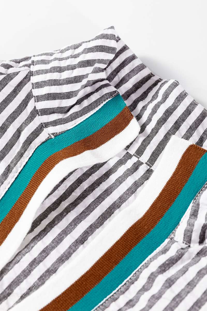 Dark Grey Striped Print Contrast Patchwork Detail Split Neck Blouse
