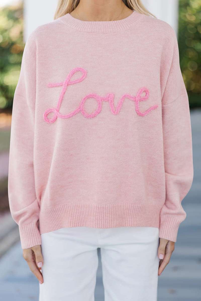 Pink Corded Love Script Graphic Baggy Sweater
