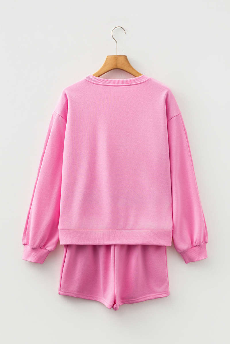 Sachet Pink Girly Bow Embroidered Detail Puff Sleeve Pullover 2pcs Short Set