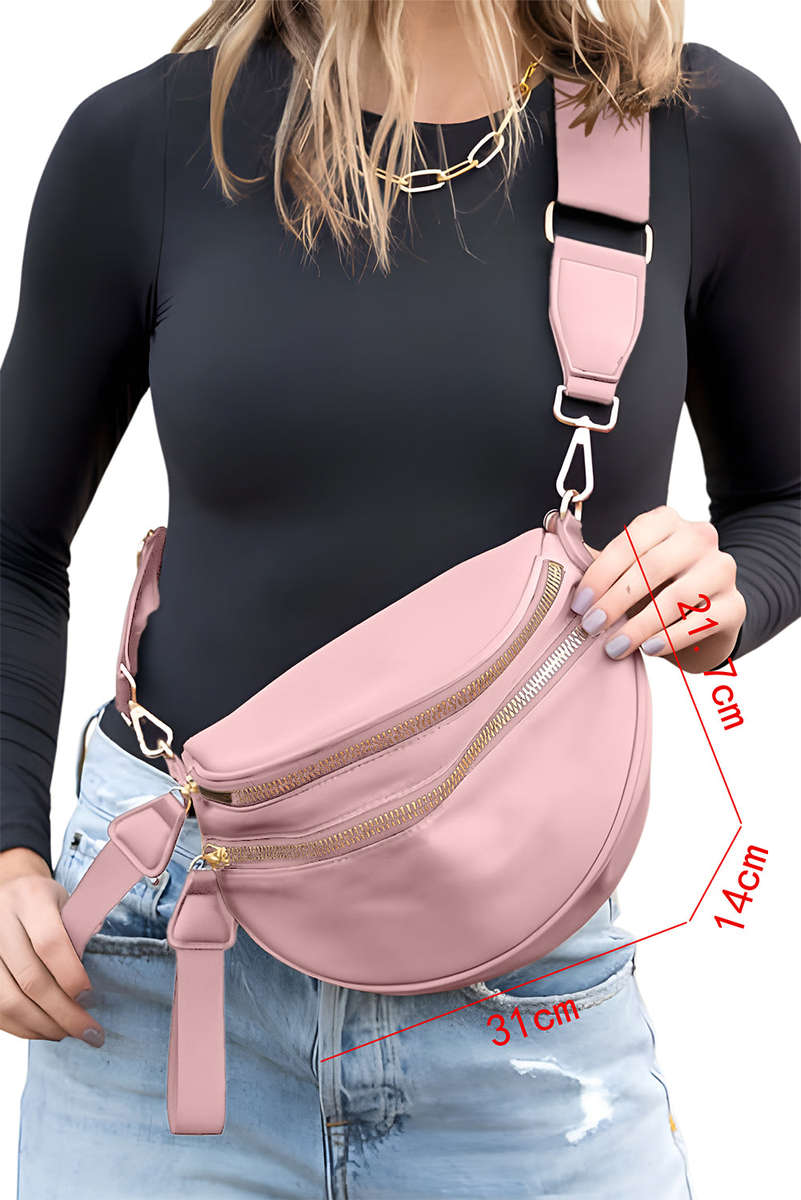 Pink Double Zip Crescent Shape Adjustable Sling Bag