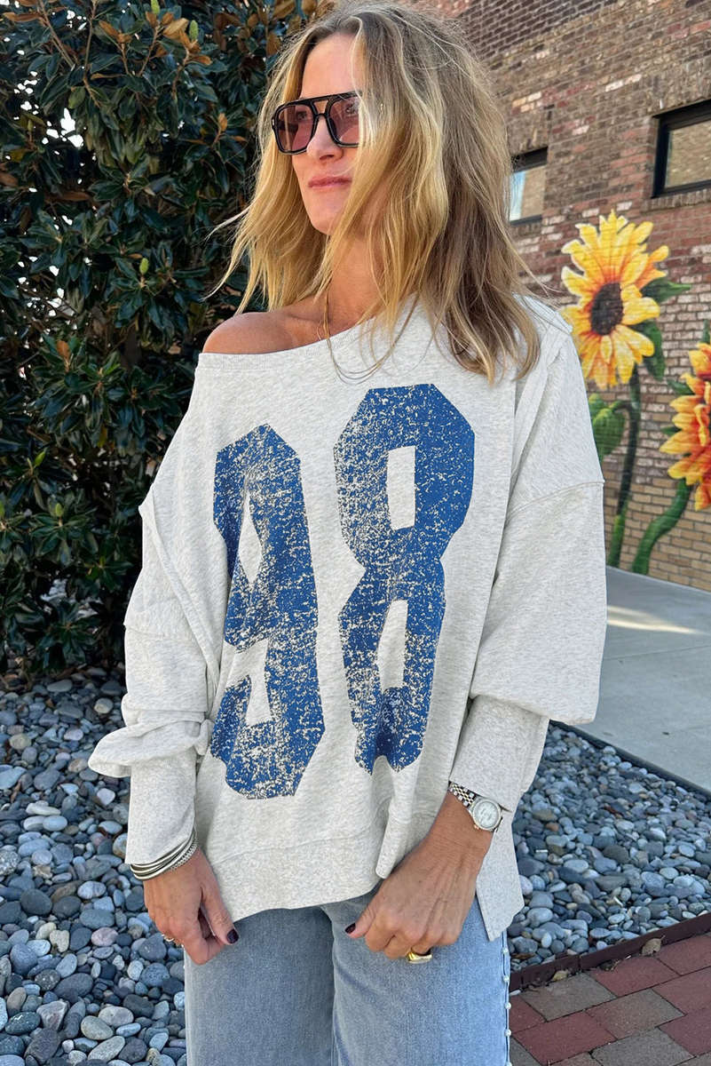 Light Grey Faded Varsity Print Loose Pullover Top
