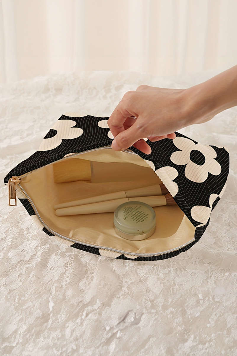 Black Flower Printed Rib Textured Cosmetic Bag