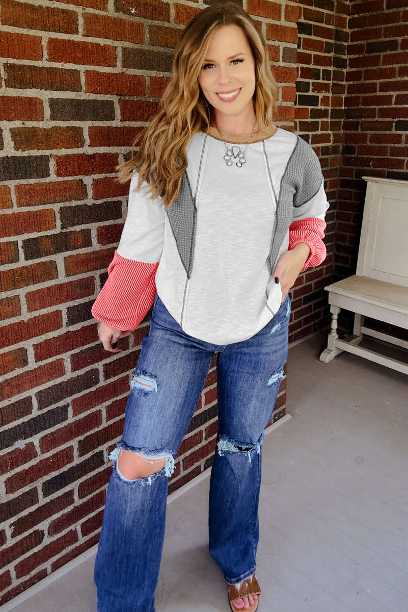 White Contrast Block Mixed Textured Knit Patchwork Casual Top