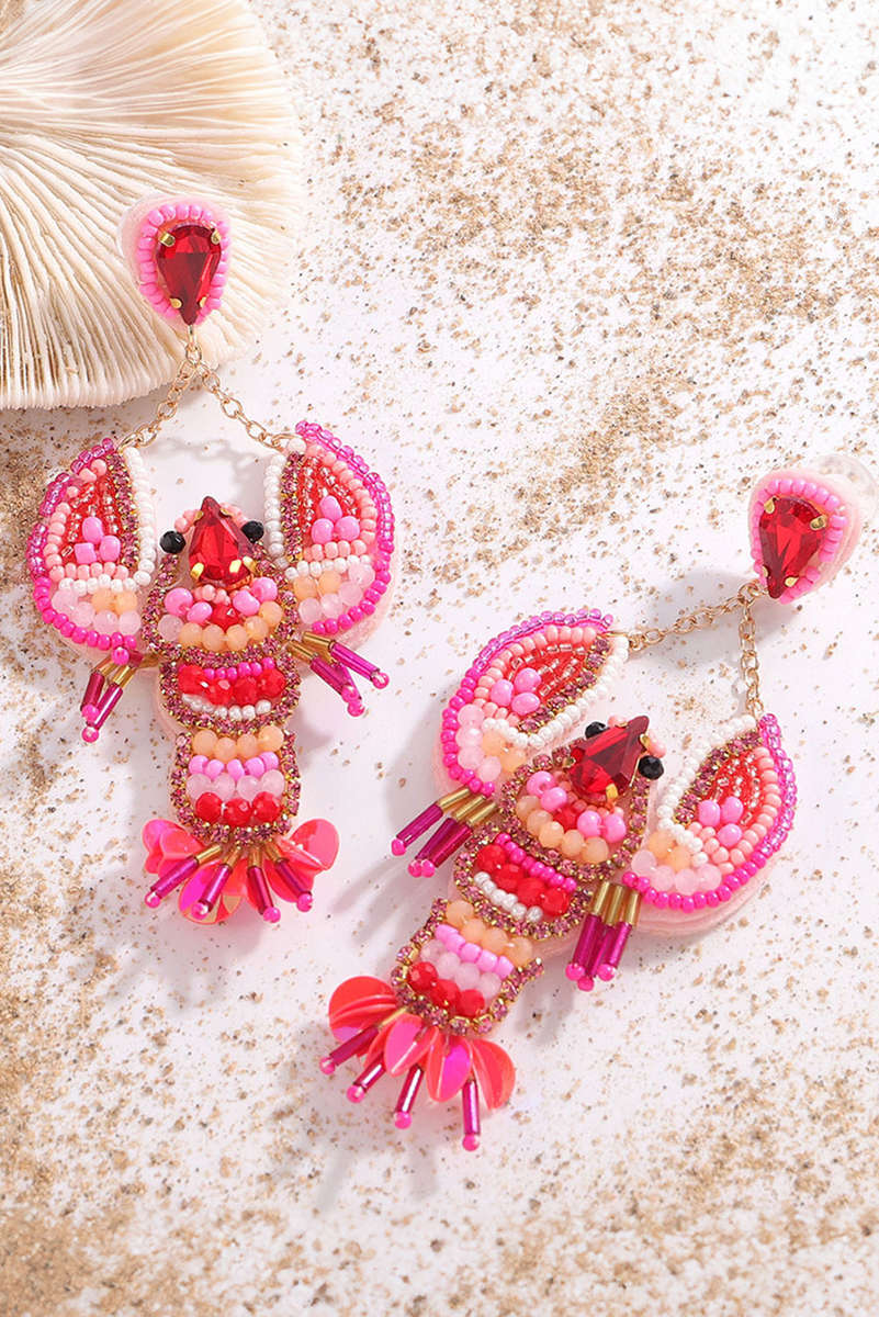 Rose Red Crystal Gem Beaded Crayfish Earrings