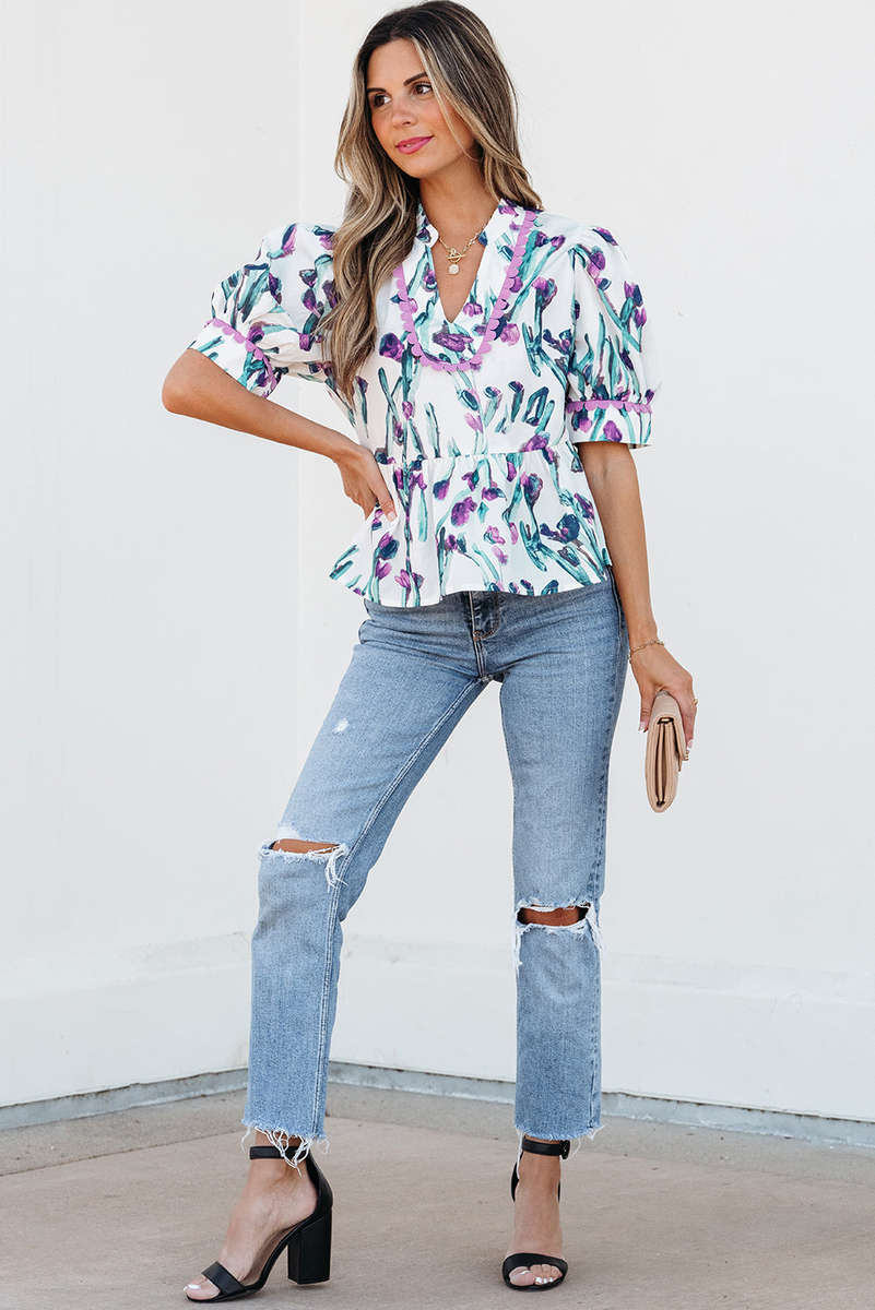 Purple Floral Ricrac Trim Half Sleeve Peplum Top
