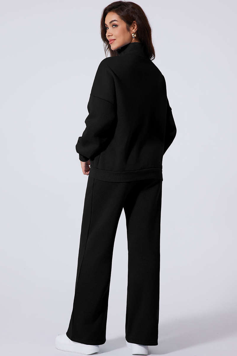 Black Drop Shoulder Zip Up Jacket Drawstring Pants Active 2pcs Set