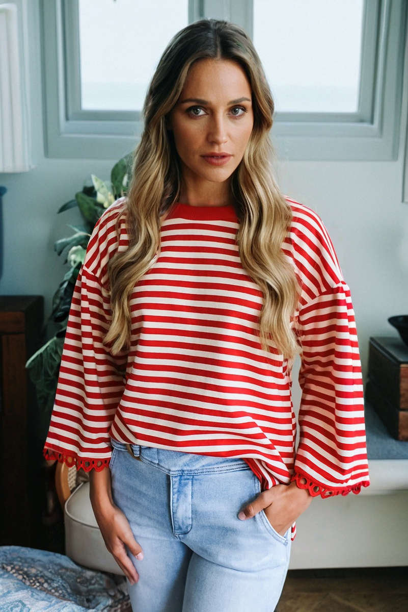 Racing Red Striped Print Drop Shoulder Lace Trim Bracelet Sleeve Loose Top