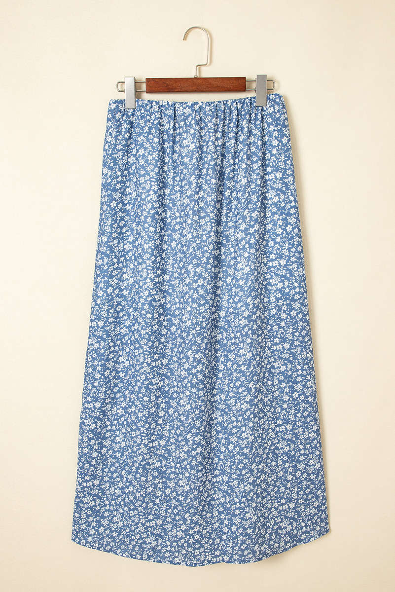 Sky Blue Boho Floral High Waist Long Skirt with Side Split