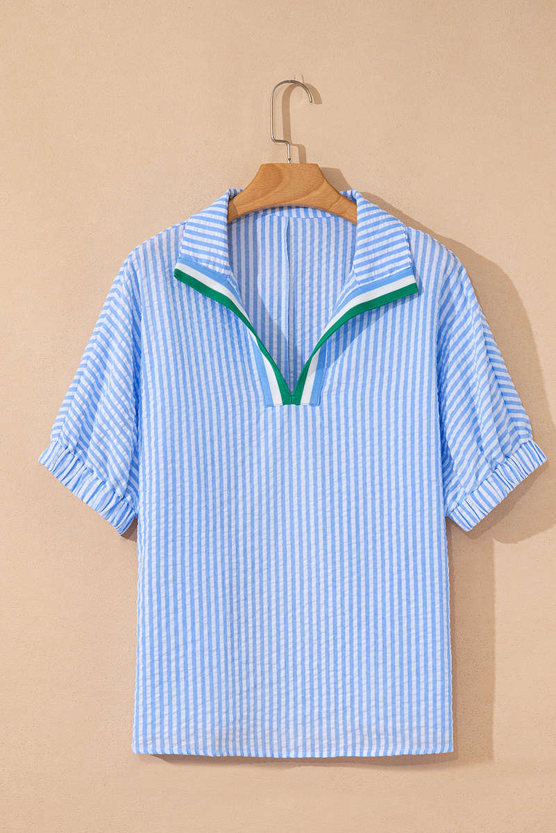 Sky Blue Striped Print Contrast Split Neck Dolman Sleeve Blouse