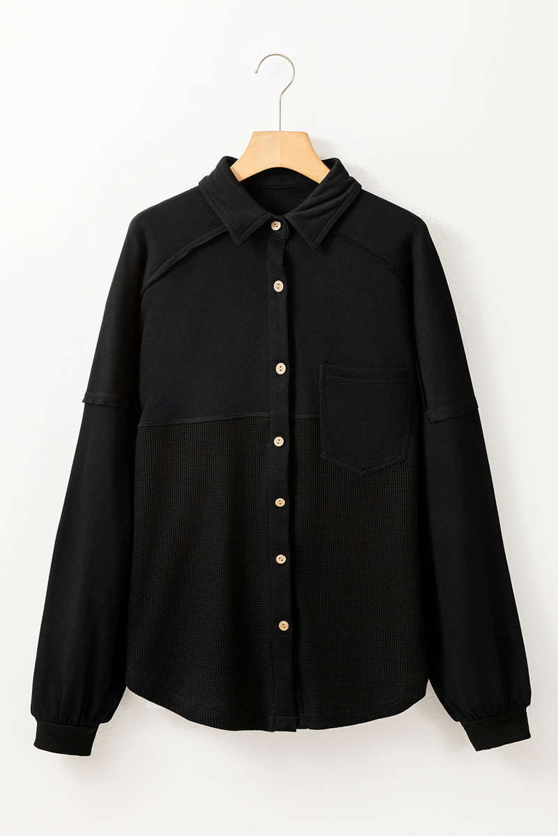 Black Waffle Knit Patchwork Exposed Seam Loose Shacket