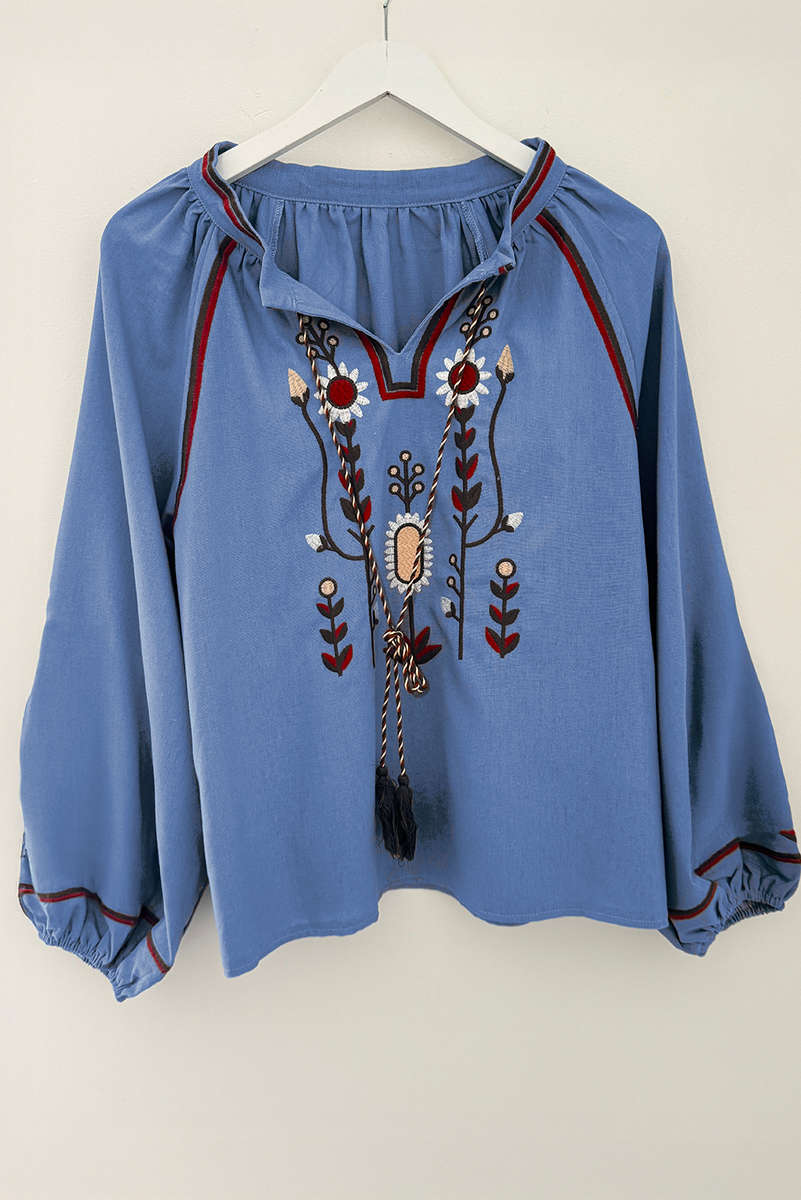 Real Teal Floral Embroidered Split Neck Tassel Tie Puff Sleeve Blouse
