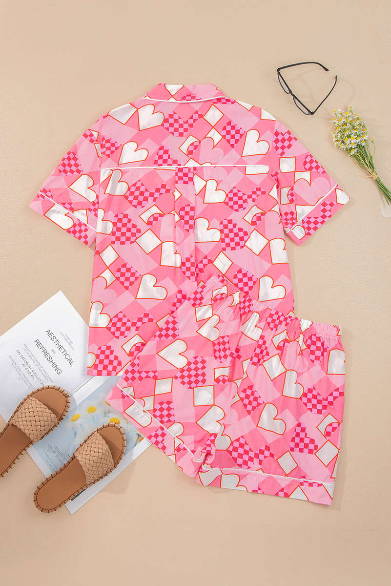 Pink Heart Print Shirt Style Silky Short Pajama Set
