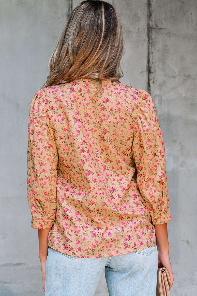 Light French Beige Floral Print Bow Pintuck Bust Half Puff Sleeve Blouse Top
