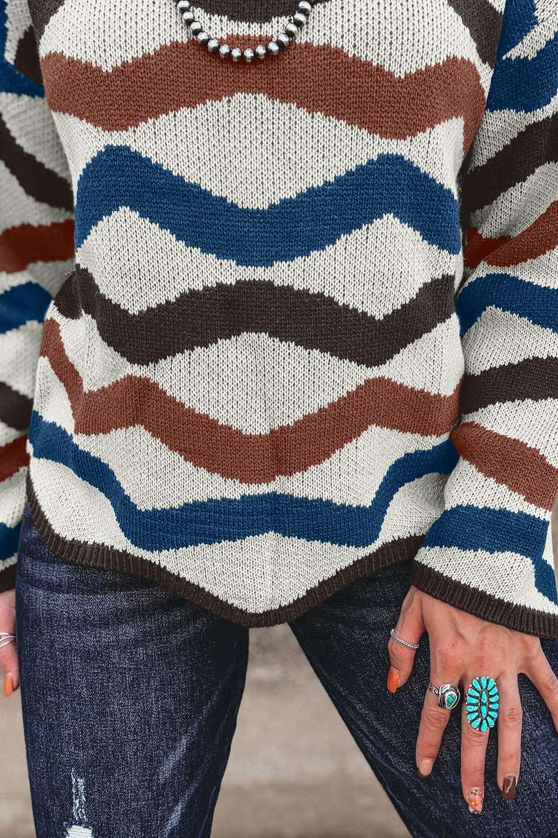 Multicolour Retro Wave Print Western Sweater
