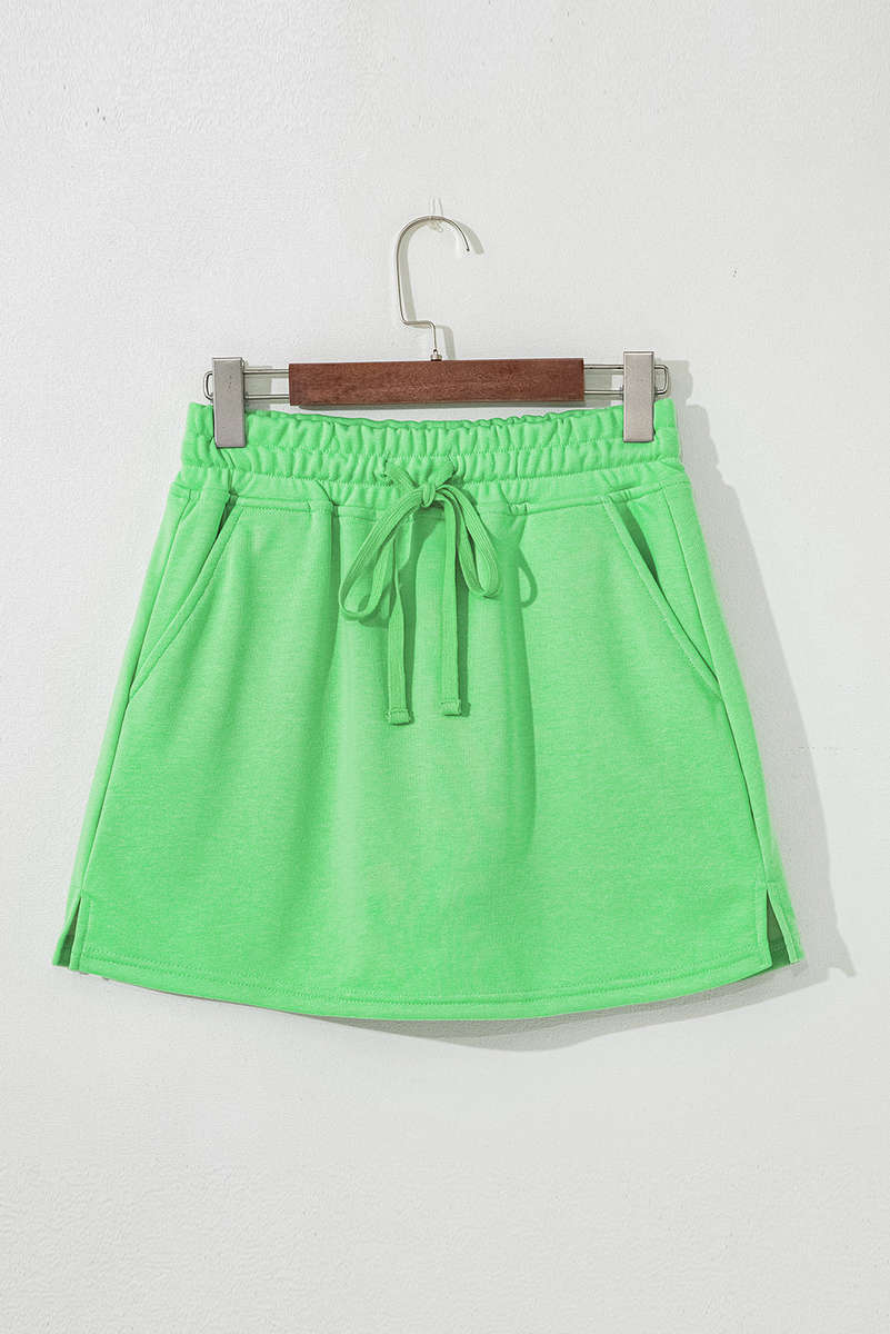 Light Green French Terry Drawstring Mini Skort with Pockets