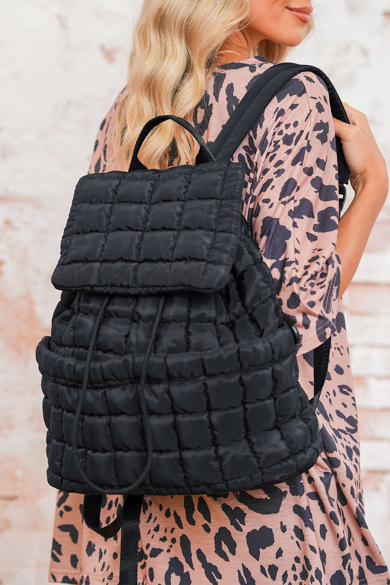 Black Solid Flapped Quilted Puffer Backpack