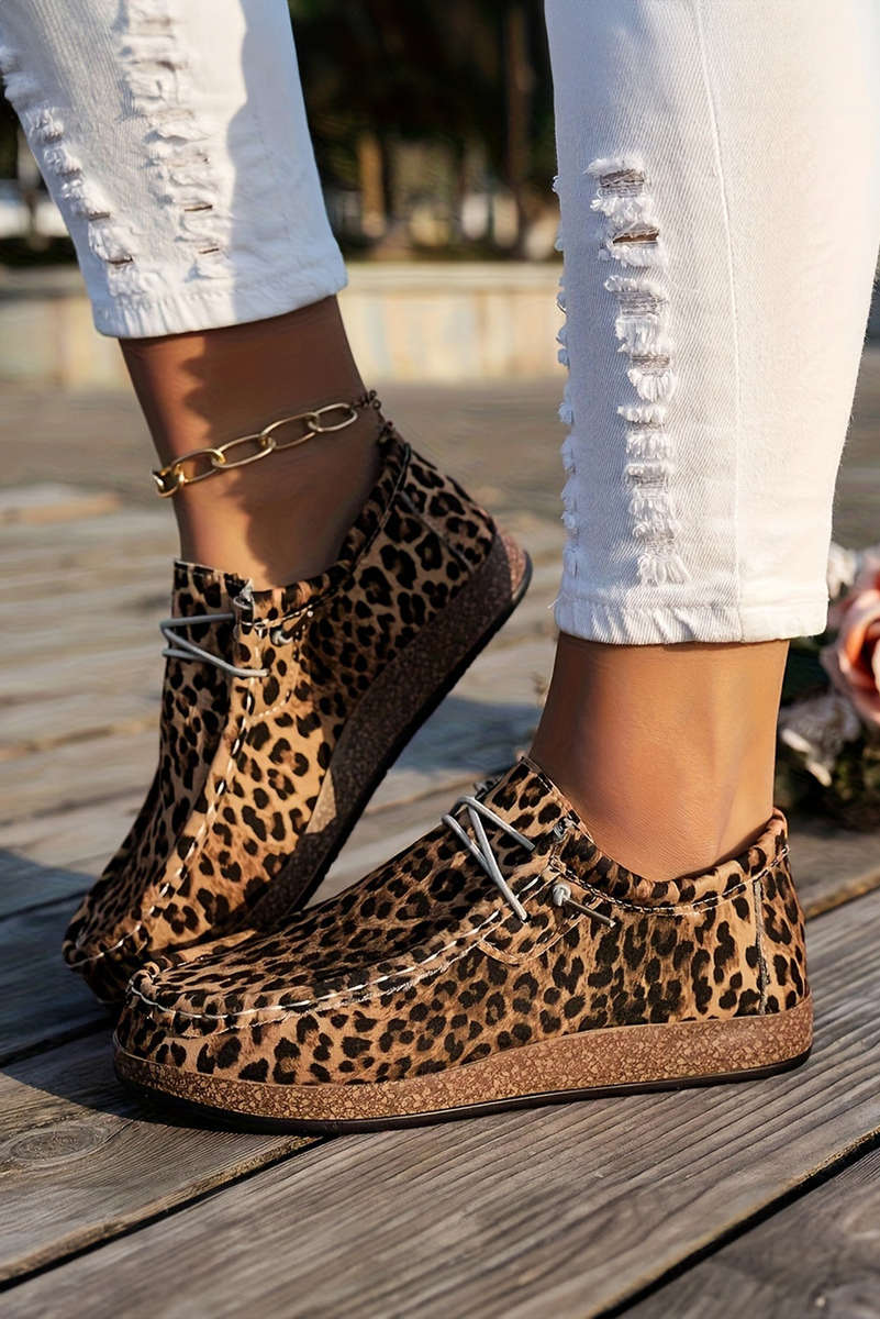 Chestnut Leopard Faux Suede Lace-up Decor Slip On Shoes