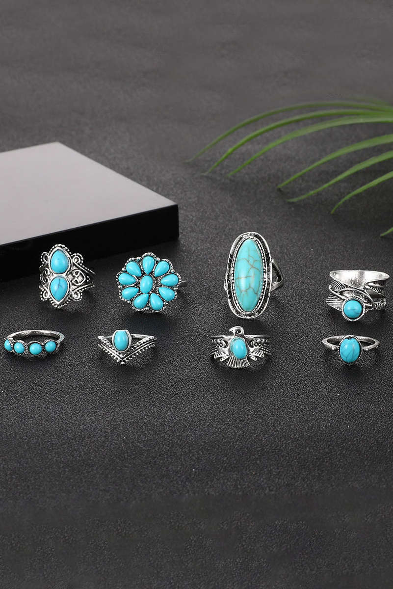 Green Vintage Western Turquoise 8-piece Ring Set
