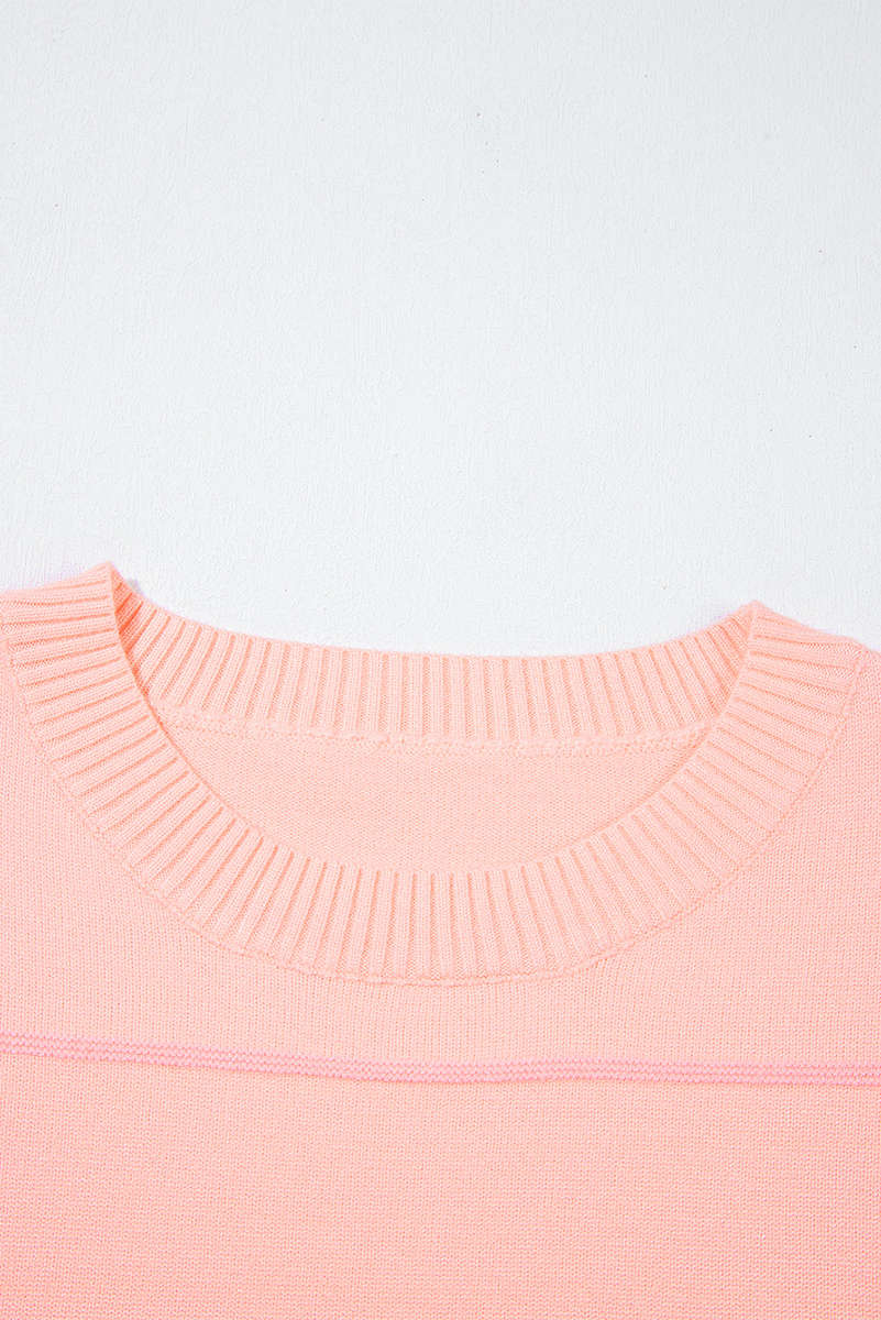 Pink Colorblock Striped Half Sleeve Drop Shoulder Sweater