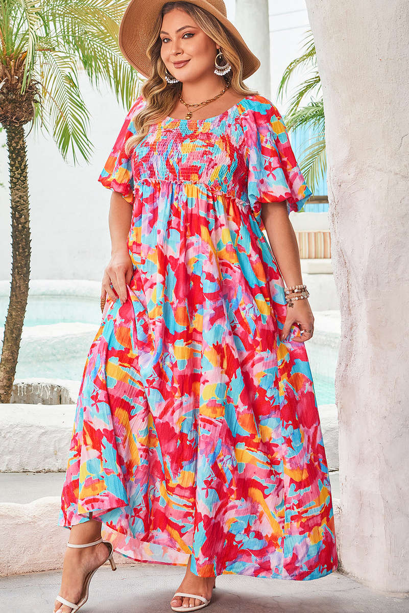 Rose Abstract Printed Puff Sleeve Square Neck Smocked Bust Tied Back Plus Size Dress