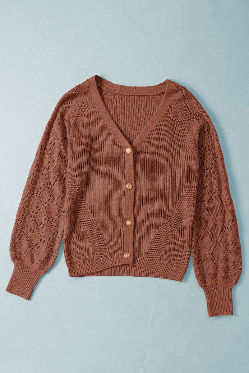 Red Bishop Sleeve Button V Neck Cardigan Sweater