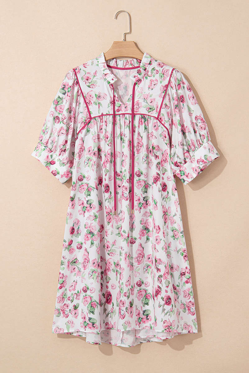 Pink Floral Split Neck Short Sleeve Loose Plus Size Mini Dress