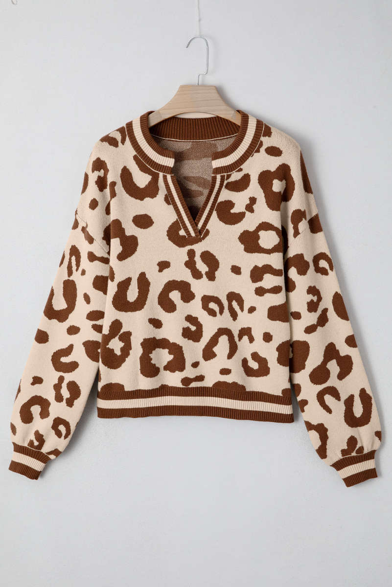 Light French Beige Leopard Printed Knit V Neck Casual Sweater