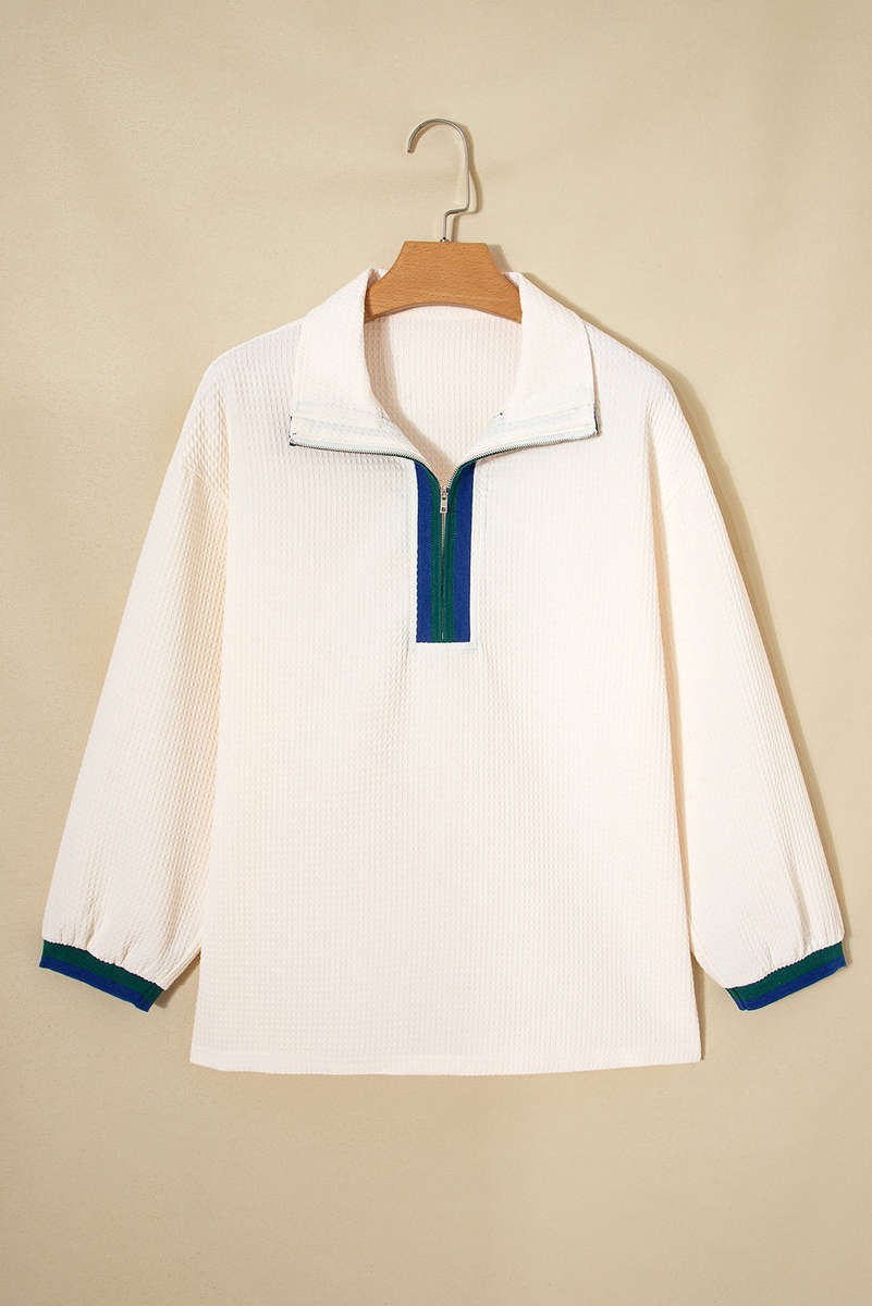White Waffle Textured Contrast Polo Neck Zip up Jumper