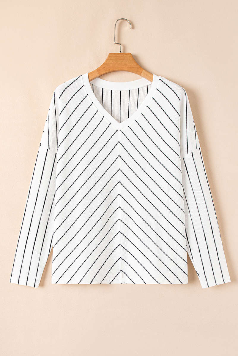 Black Stripe Chevron Striped V Neck Long Sleeve Casual Top
