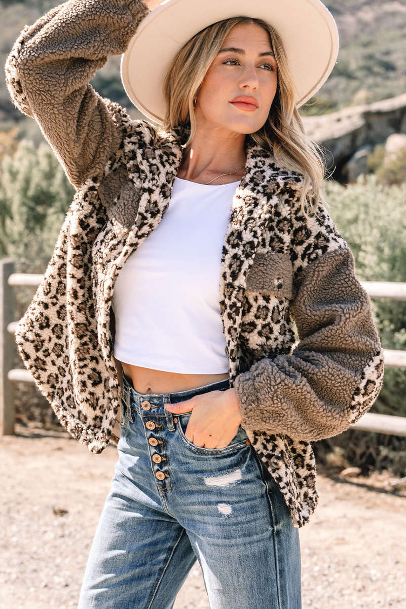Brown Sherpa Leopard Print Flap Pocket Collared Button Up Jacket