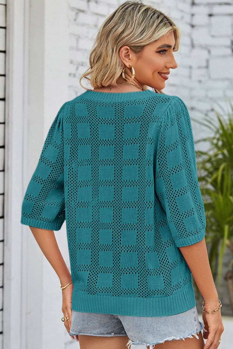 Skobeloff Plaid Pattern Crochet Knit Short Sleeve Sweater