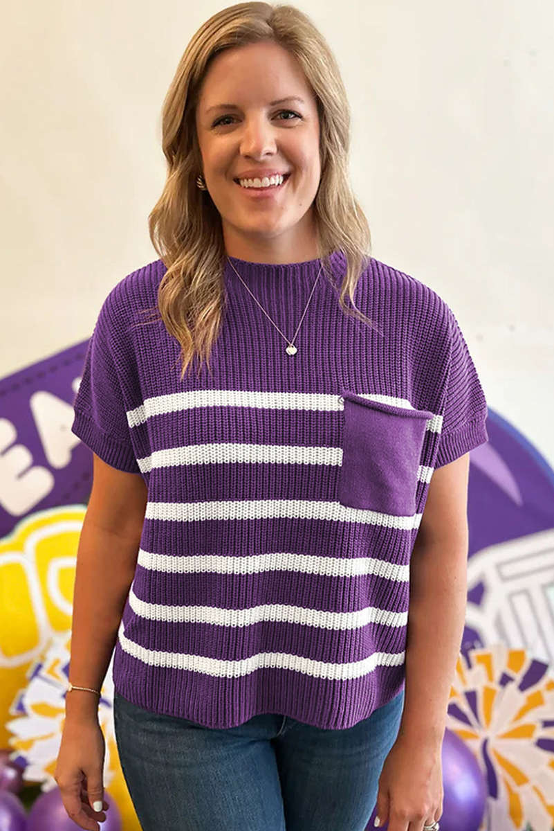 Purple Stripe Raw Edge Patched Pocket Short Sleeve Knit Sweater