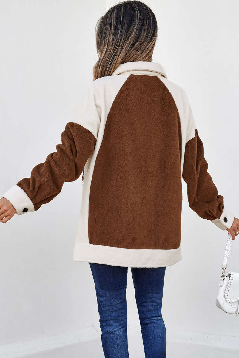 Brown Color Block Patchwork Button Down Fleece Shacket