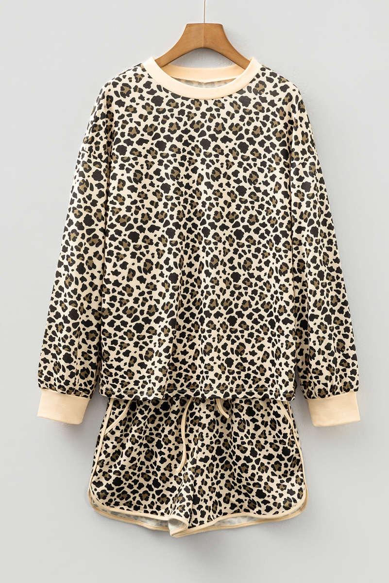 Brown Leopard Print Contrast Trim Long Sleeve Pullover Drawstring Shorts 2pcs Outfit