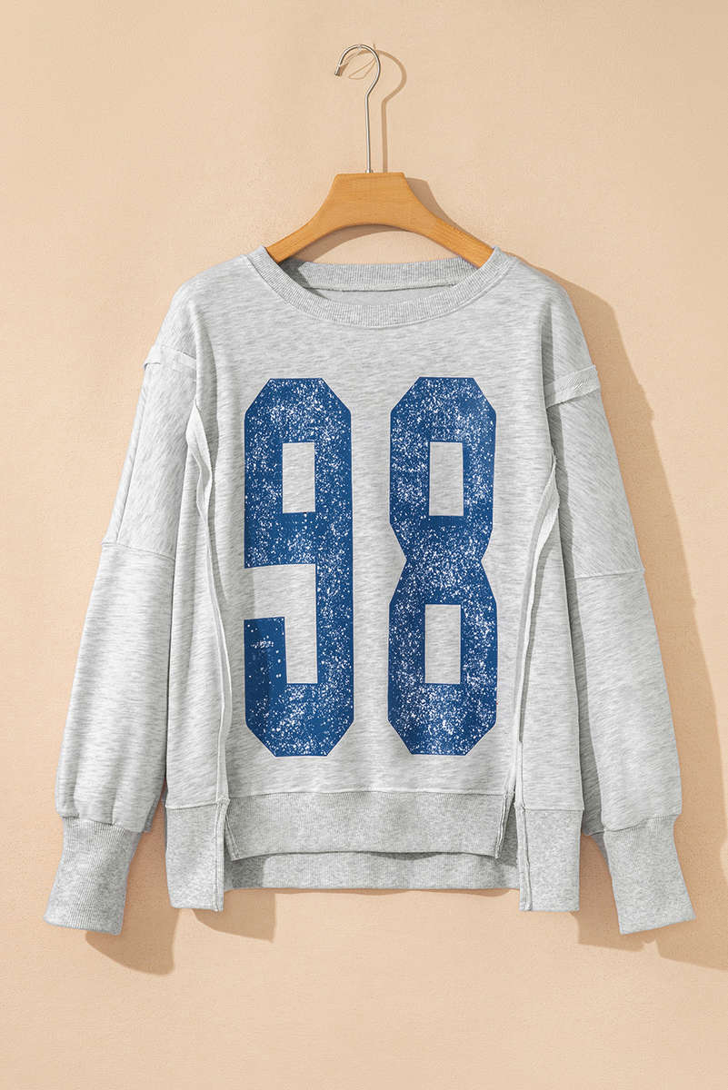 Light Grey Faded Varsity Print Loose Pullover Top