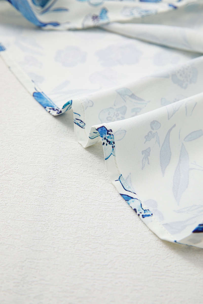 Sky Blue Floral Print Ruffled Short Sleeve Blouse